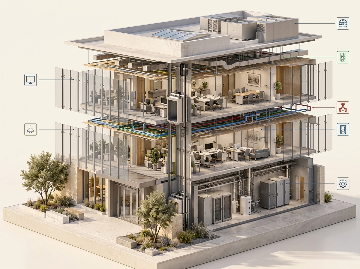Conceptual building cutaway showing its rooms